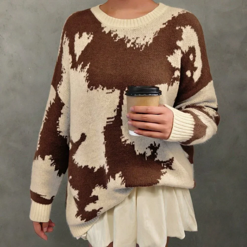 Multicolor Casual Women's Cow Print Western Cowboy Round Neck sweater top